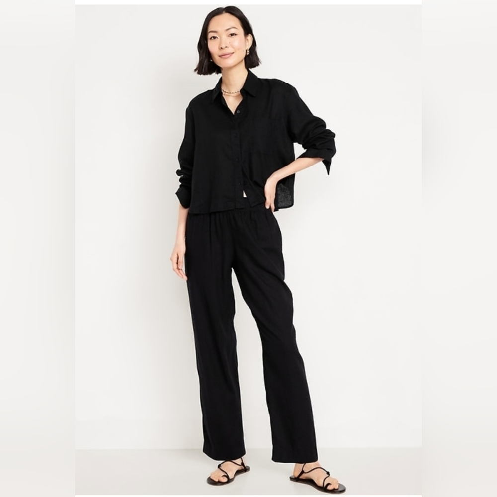 High Waisted Linen Blend Black Pants